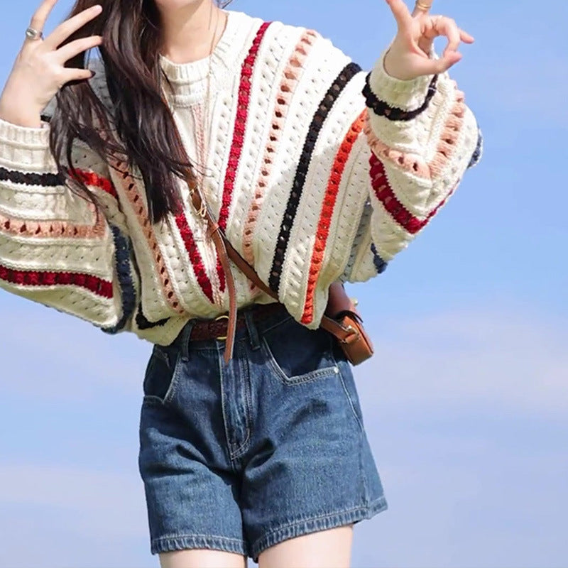 Retro Chic Rainbow Striped Hollow Sweater Round Neck Sweater