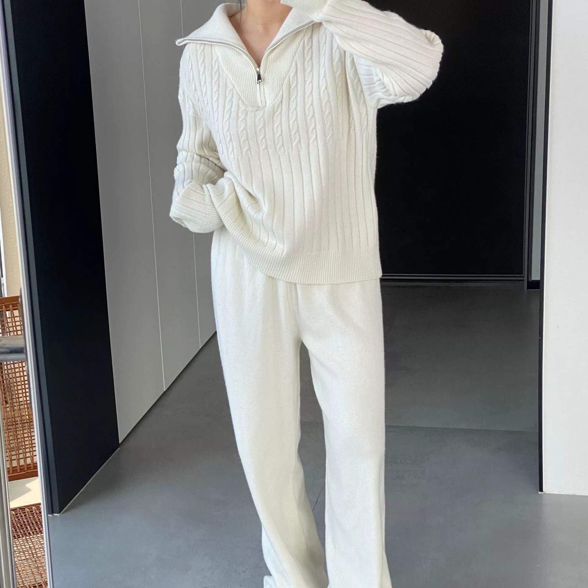 Turtleneck Zipper Lapel Pullover Long Sleeve Sweater Wide Leg Pants Two-piece Set