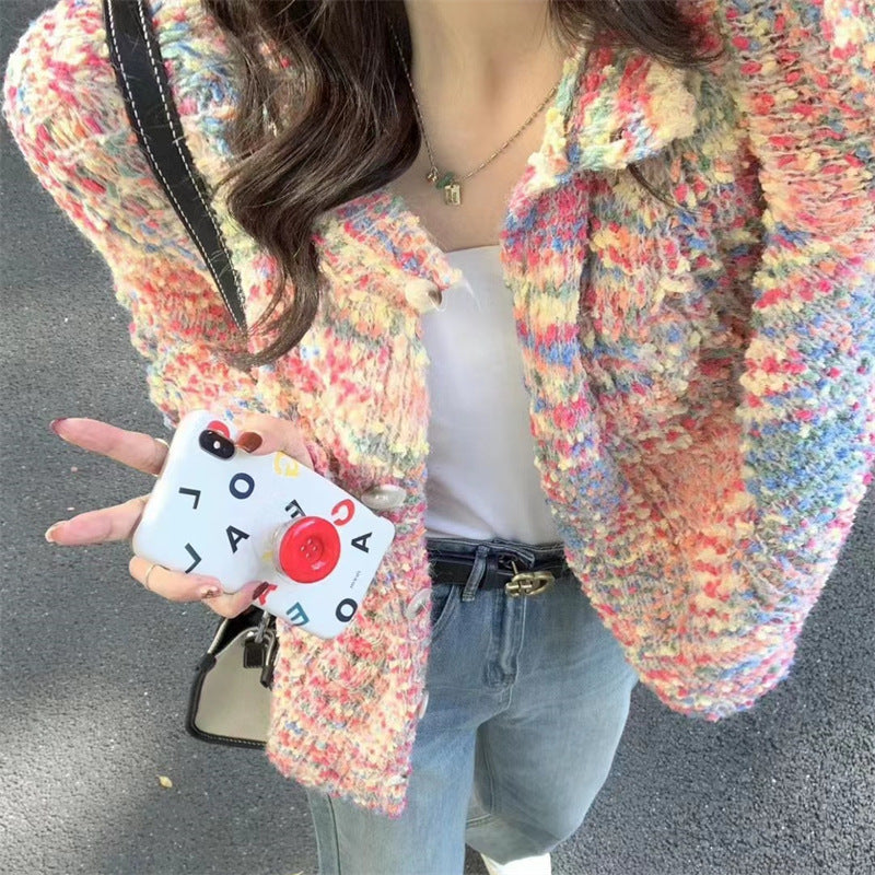 Retro Gentle Idle Style Knitted Rainbow Sweater
