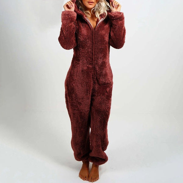 European And American Autumn Winter Women's Wear Fleece-lined Thick Furry Jumpsuit Hooded Cat Ear Pajamas
