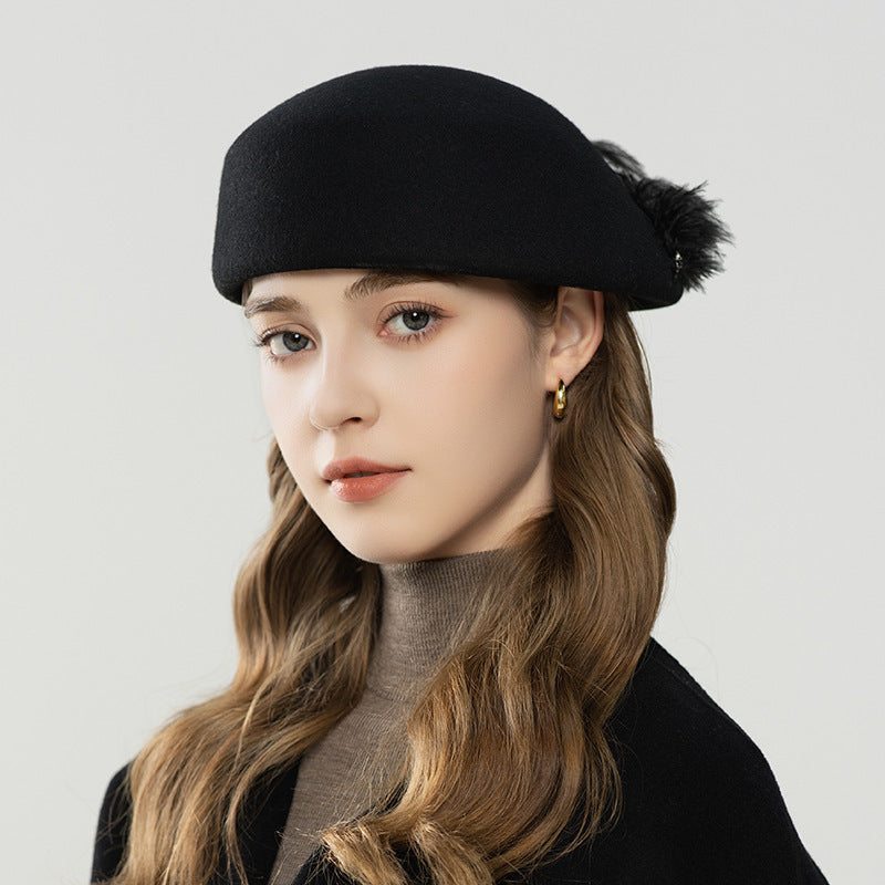 Autumn And Winter Retro Style Feather Decorative Wool Beret