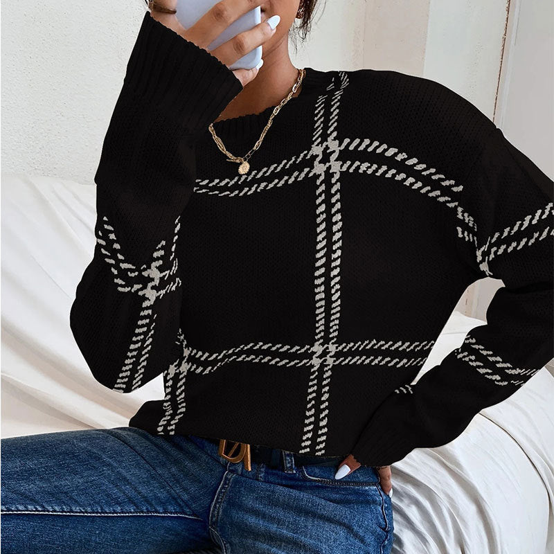 Women's Casual Plaid Color-block Crew Neck Sweater