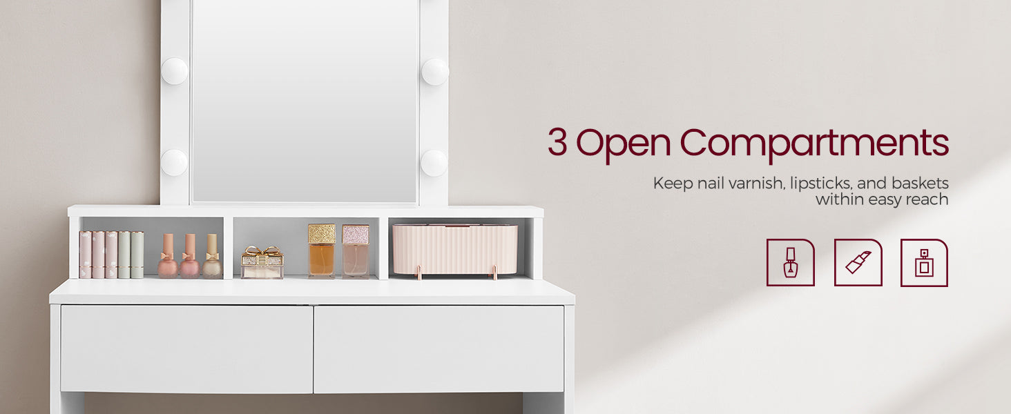 VASAGLE Dressing Table, LED Lights with Adjustable Brightness, Vanity Table with Mirror, 2 Drawers and 3 Compartments