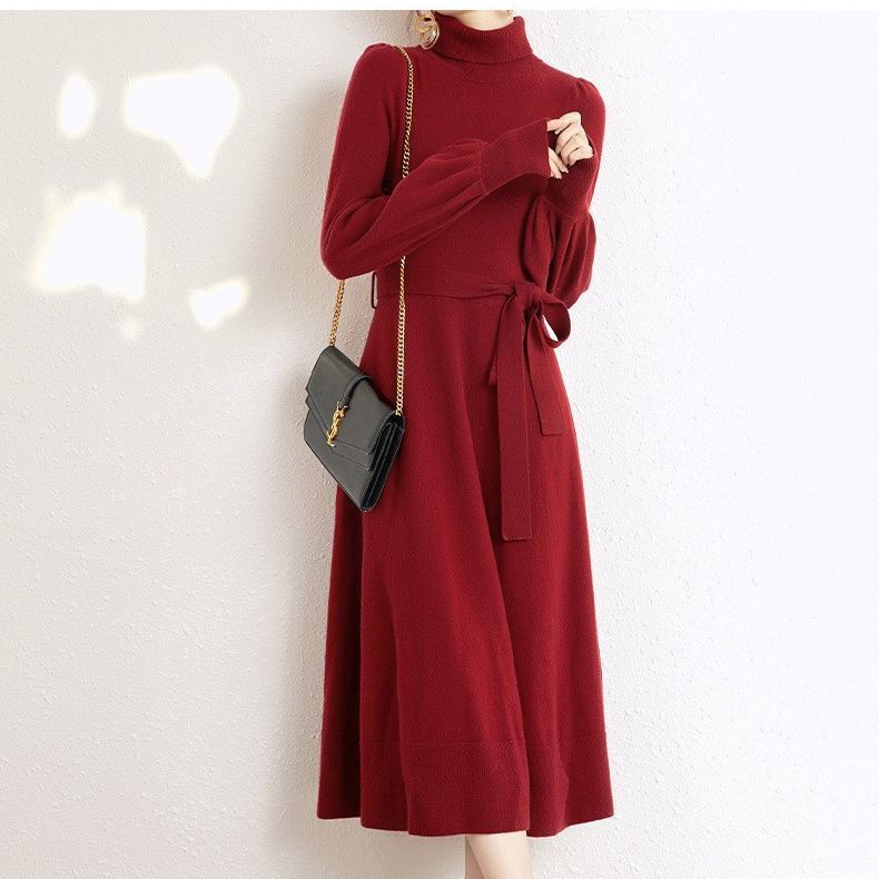 Turtleneck Knitwear Dress Loose Big Hem Mid-length Sweater Skirt