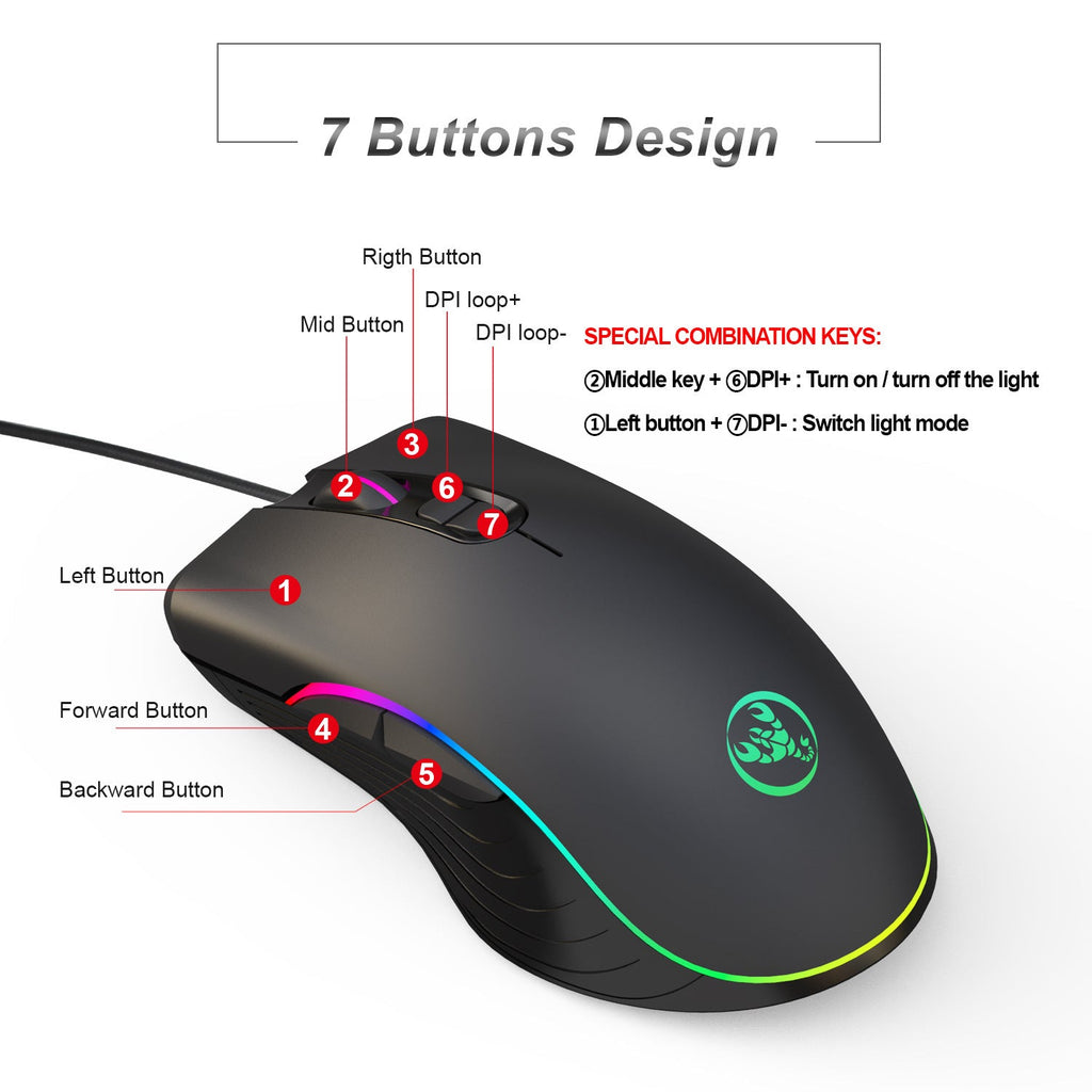 RGB Gaming Mouse - 6400 DPI Wired Optical Mouse with 7 Programmable Buttons | Ergonomic Design
