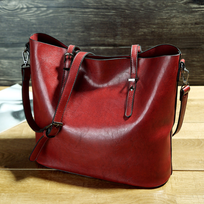 Simple Oil Wax Leather Messenger Shoulder Bags Women's High Capacity Portable Tote Bag