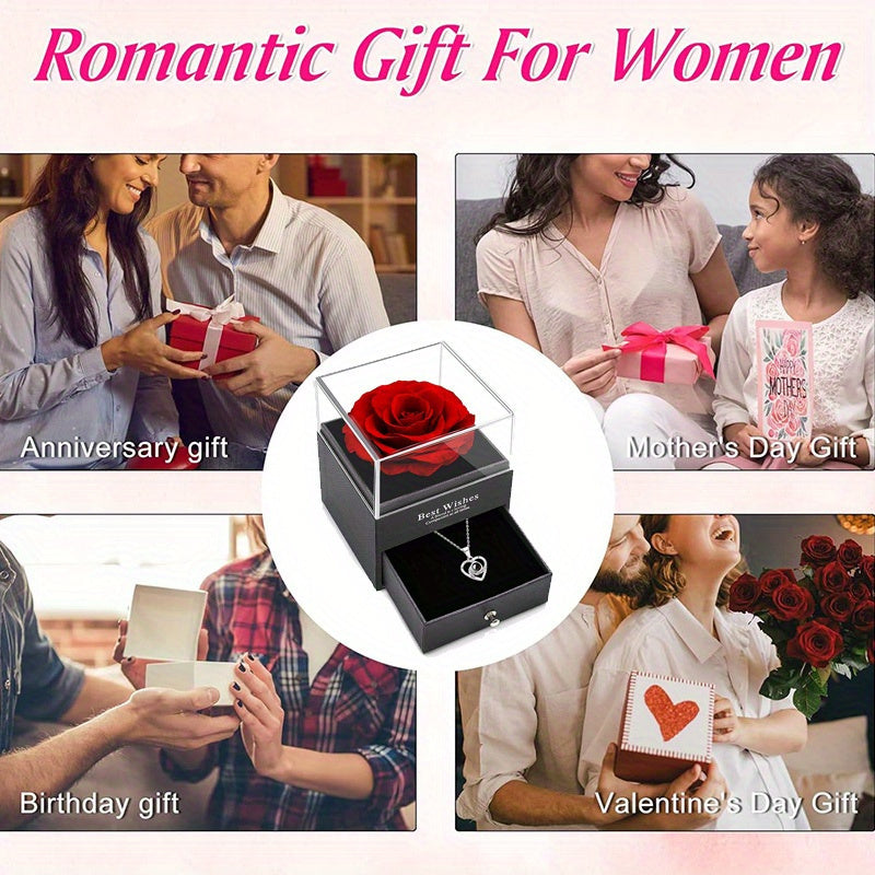 Eternal Red Rose & 'I Love You' Necklace - Perfect Gift for Her on Valentine's, Mother's Day, Anniversary, Birthday | Acrylic Flower in Display Box