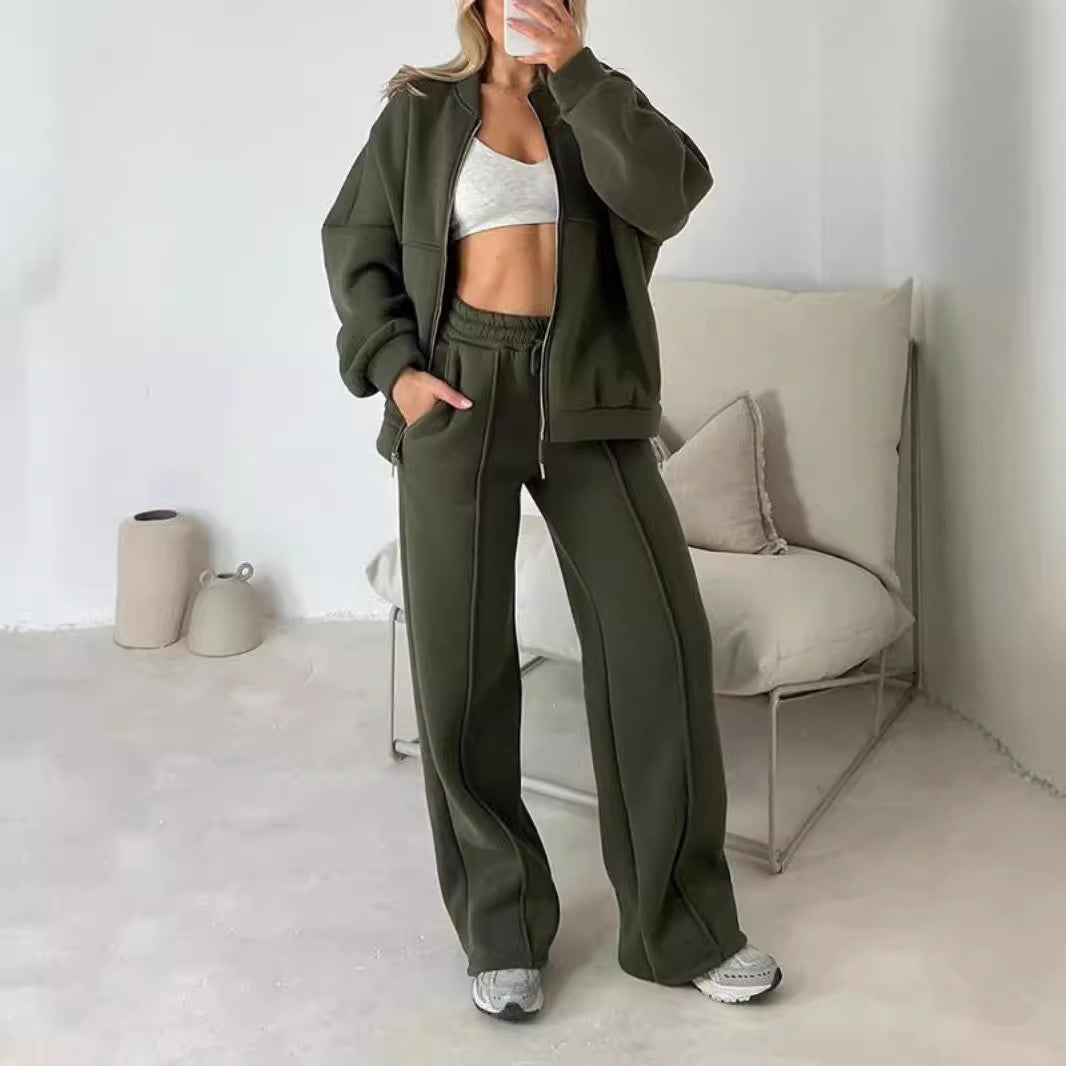Fashion Casual Solid Color Long-sleeved Sweater Zipper Trousers Two-piece Set