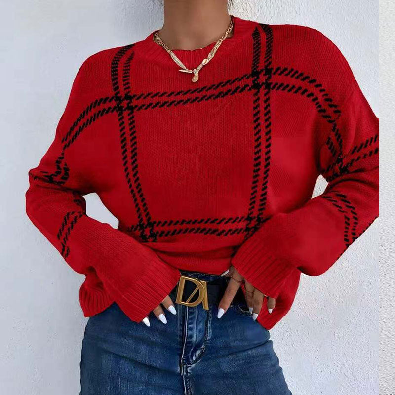 Women's Casual Plaid Color-block Crew Neck Sweater