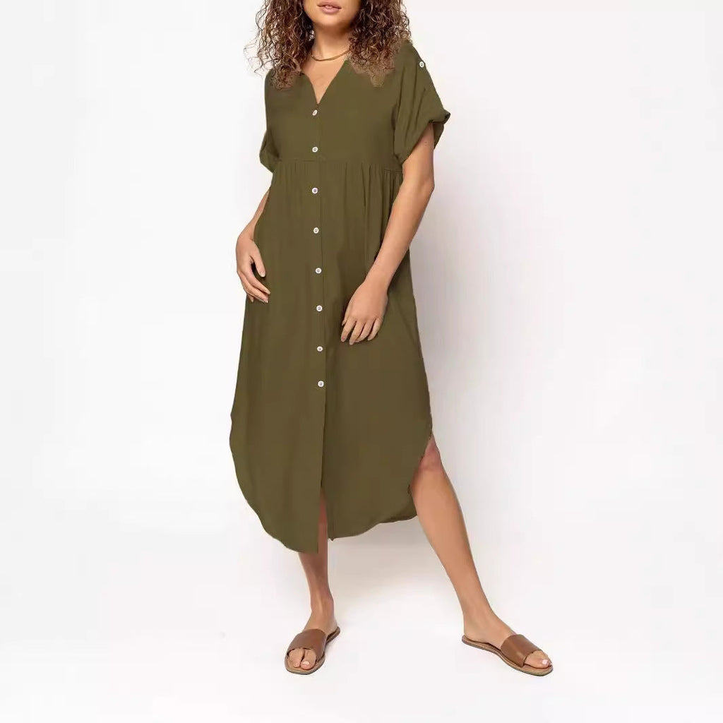 Loose Temperament Casual Solid Color Buttons Mid-length Dress