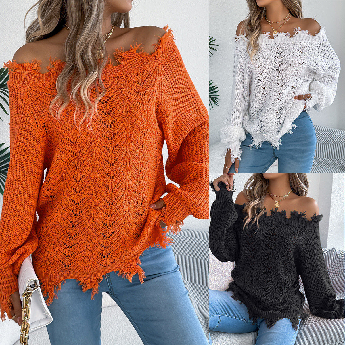 Hollow-out Long-sleeved Cut Off-the-shoulder Pullover Sweater