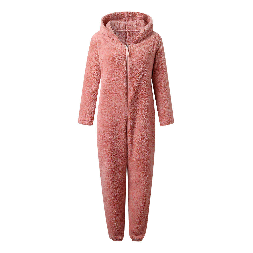 European And American Autumn Winter Women's Wear Fleece-lined Thick Furry Jumpsuit Hooded Cat Ear Pajamas