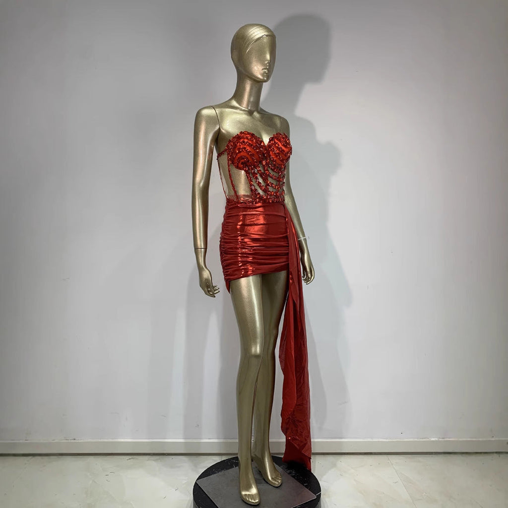 Sexy Skirt Suit Hollow Mesh See-through Banquet Company Party Stage Costume