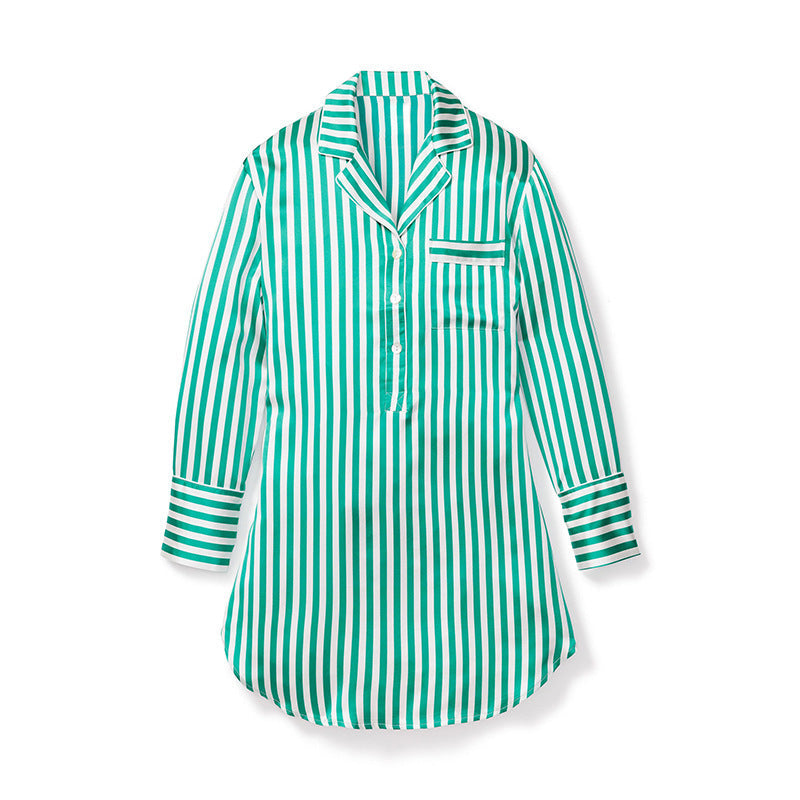 19 M Silk Shirt Dress Classic Long Sleeve Striped Spring And Summer Home Wear