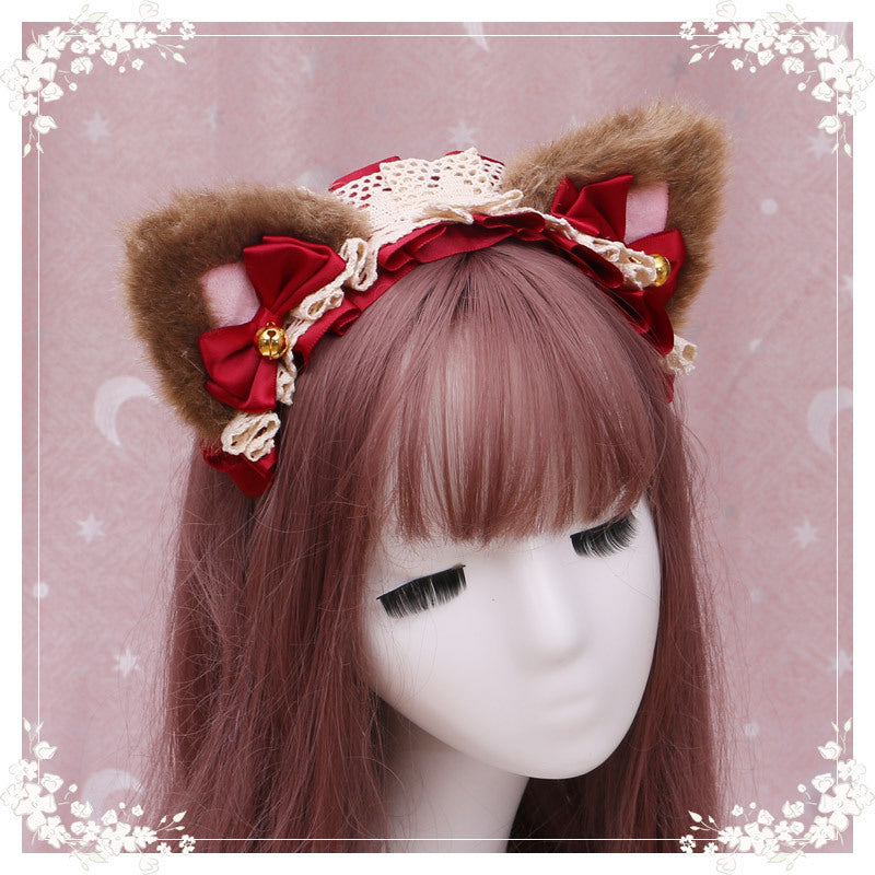 A lovely japanese Lolita hairdress, Catwoman Plush Lolita headdress, lace cat ear hair band
