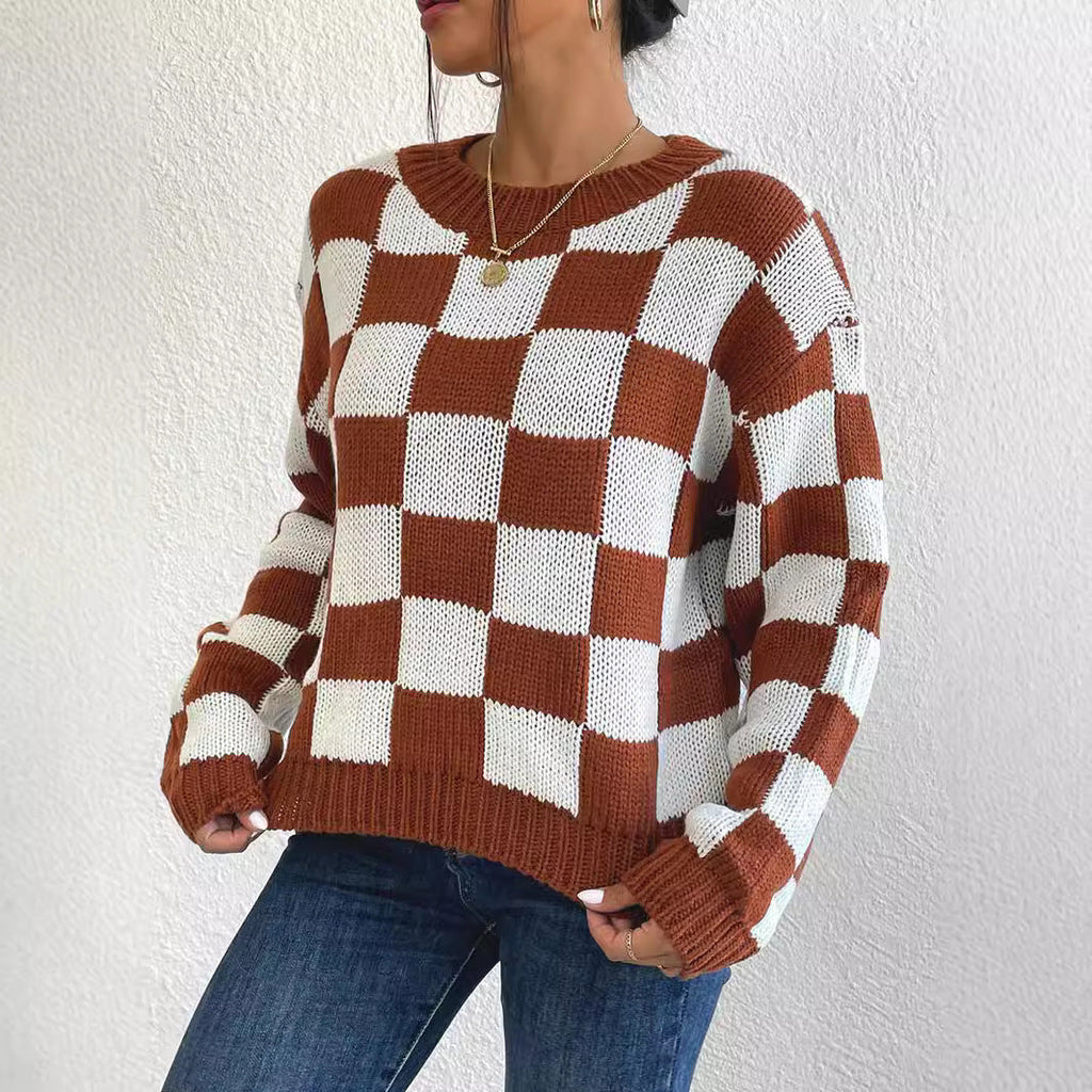 Color Matching Chessboard Plaid Loose Round Neck Pullover Long Sleeve Sweater