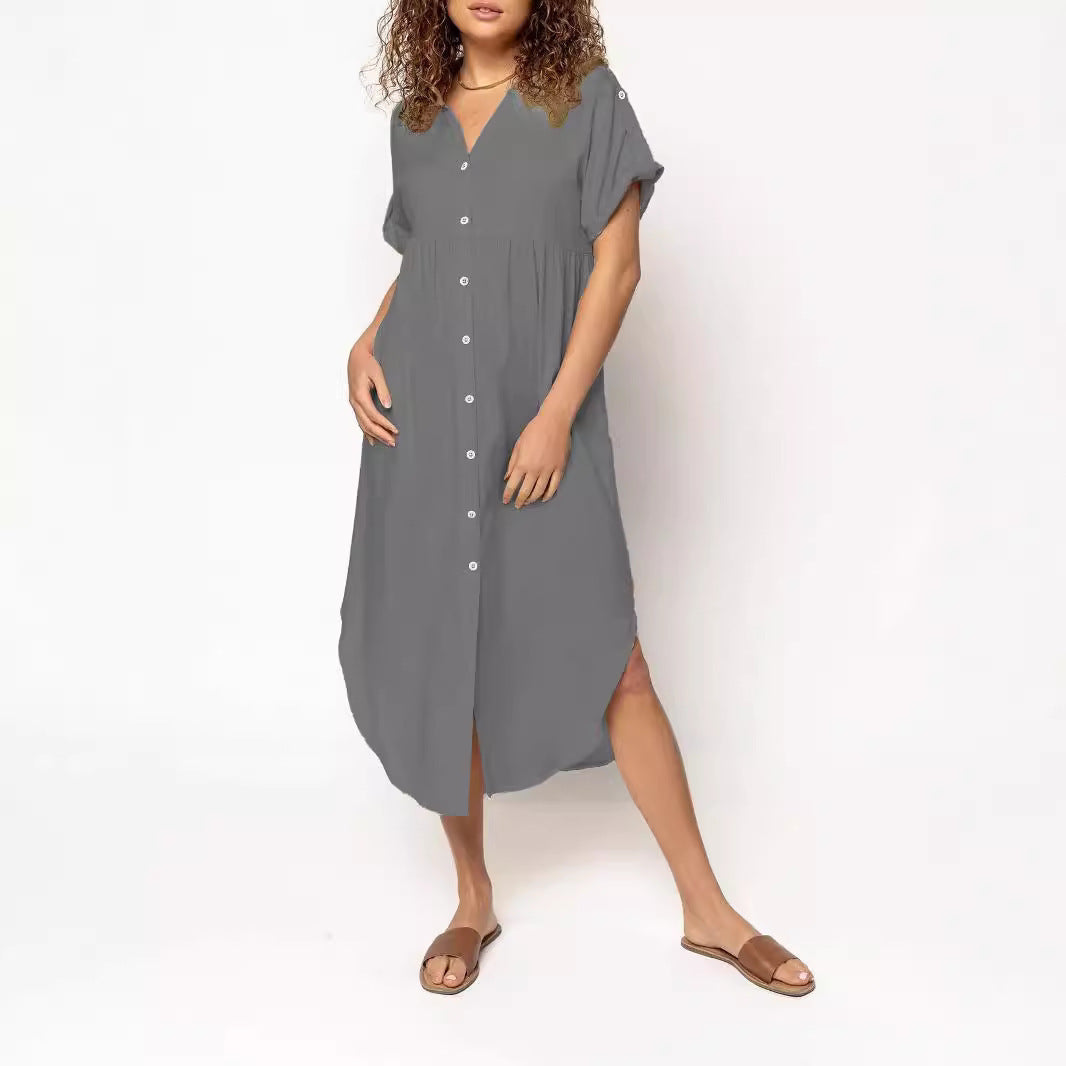 Loose Temperament Casual Solid Color Buttons Mid-length Dress