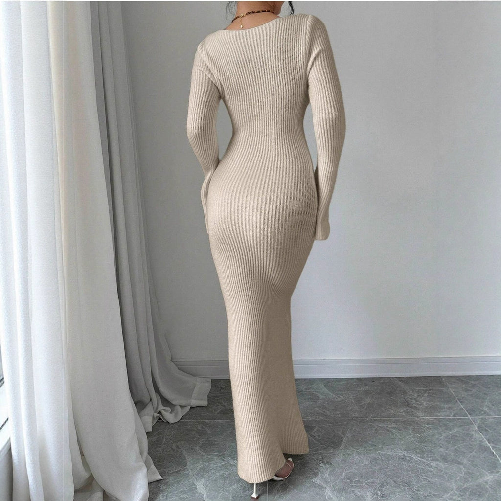 V-neck Waist Trimming Knitted Dress Women's Slimming Sheath