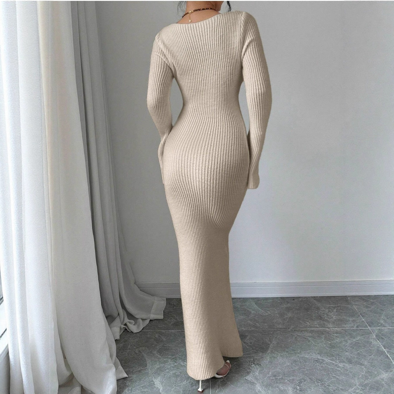 V-neck Waist Trimming Knitted Dress Women's Slimming Sheath