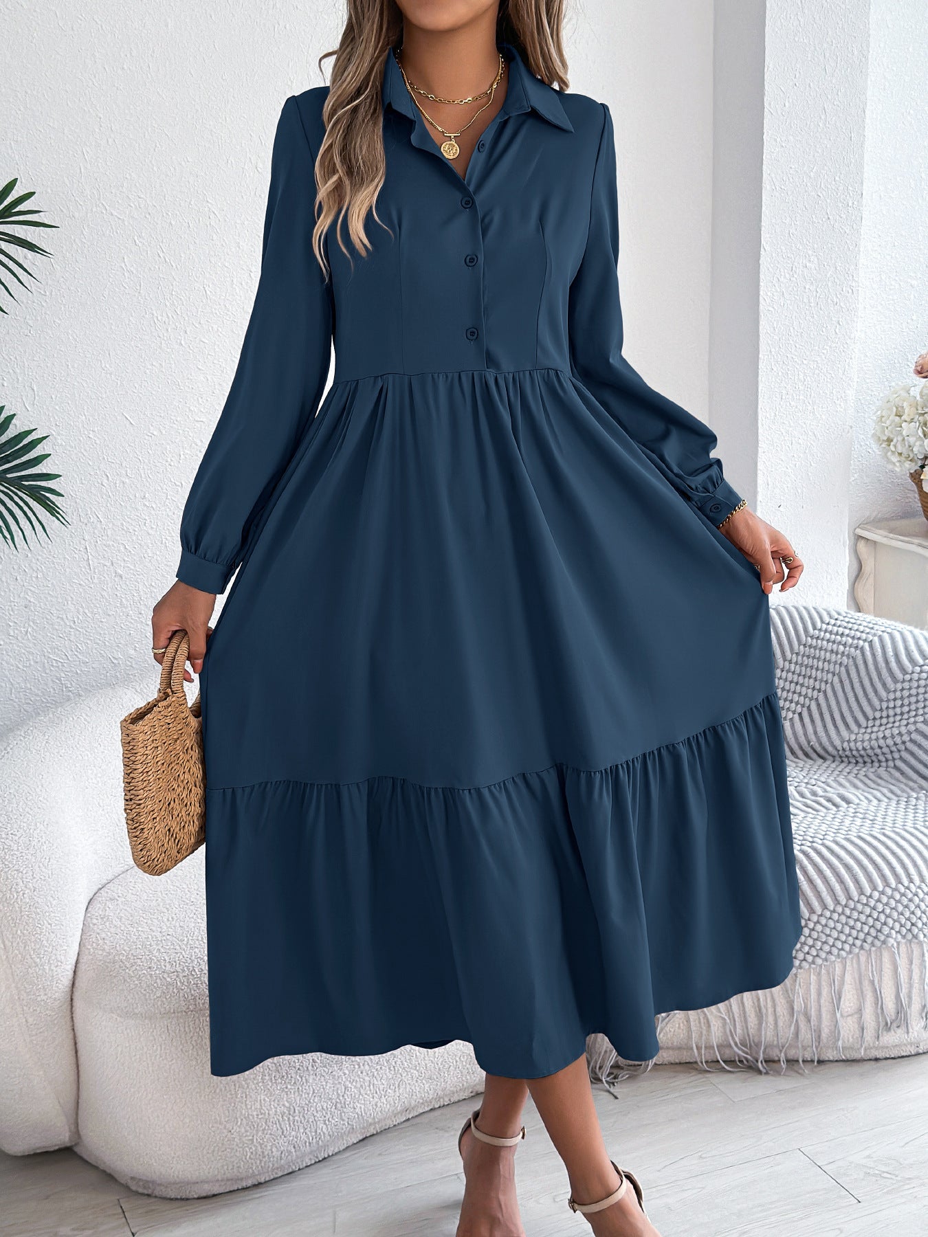 Women's Lapel Casual Loose Long Sleeve Ruffled Shirt Dresses Long Sleeved Turn-down Collar Single-Breasted Dress Spring Autumn Fashion Women's Clothing For Vacation