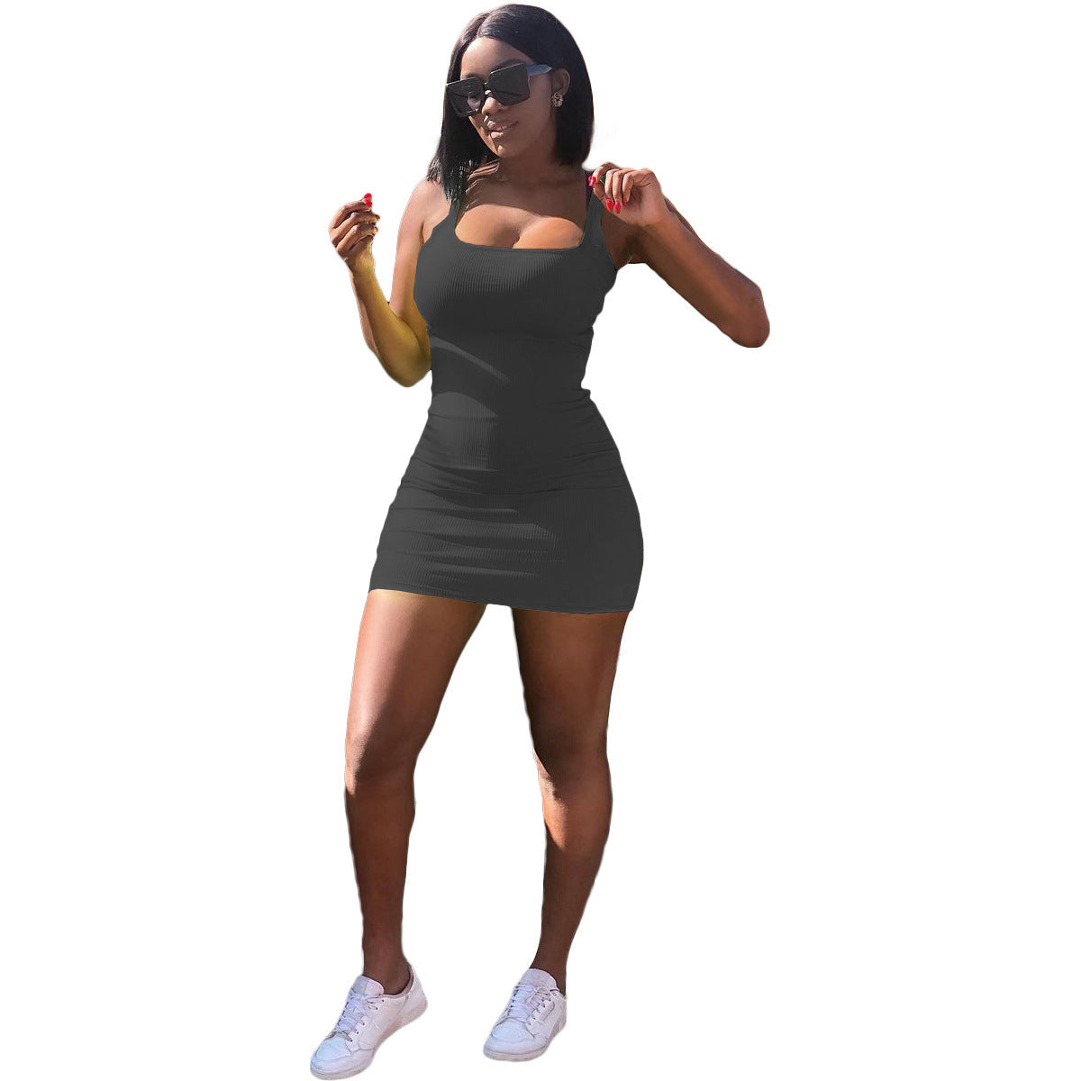 Casual Big U-neck Sunken Stripe Strap Slim Fit Dress