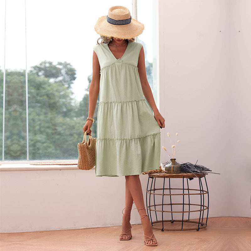 Women's Solid Color Sleeveless Cotton And Linen Dress
