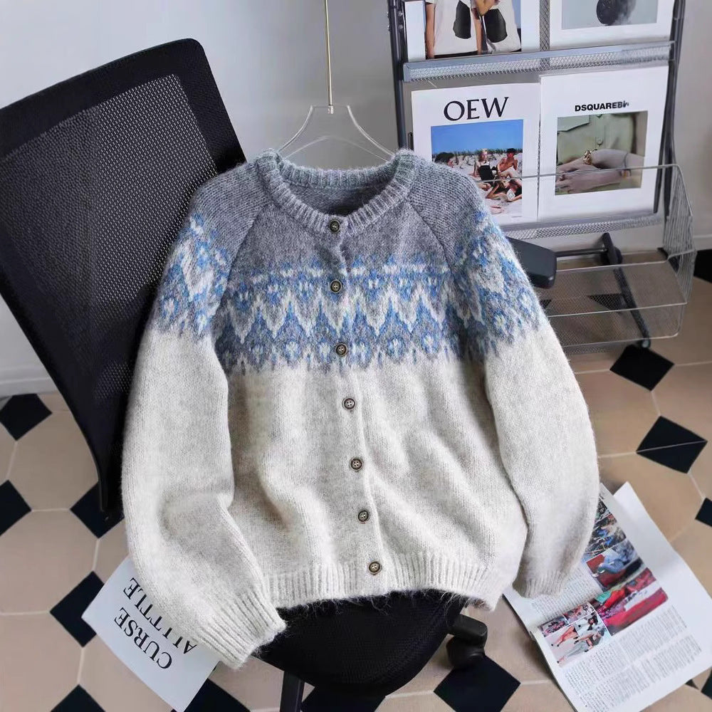 Contrast Color Jacquard Thickened Sweater Coat Women