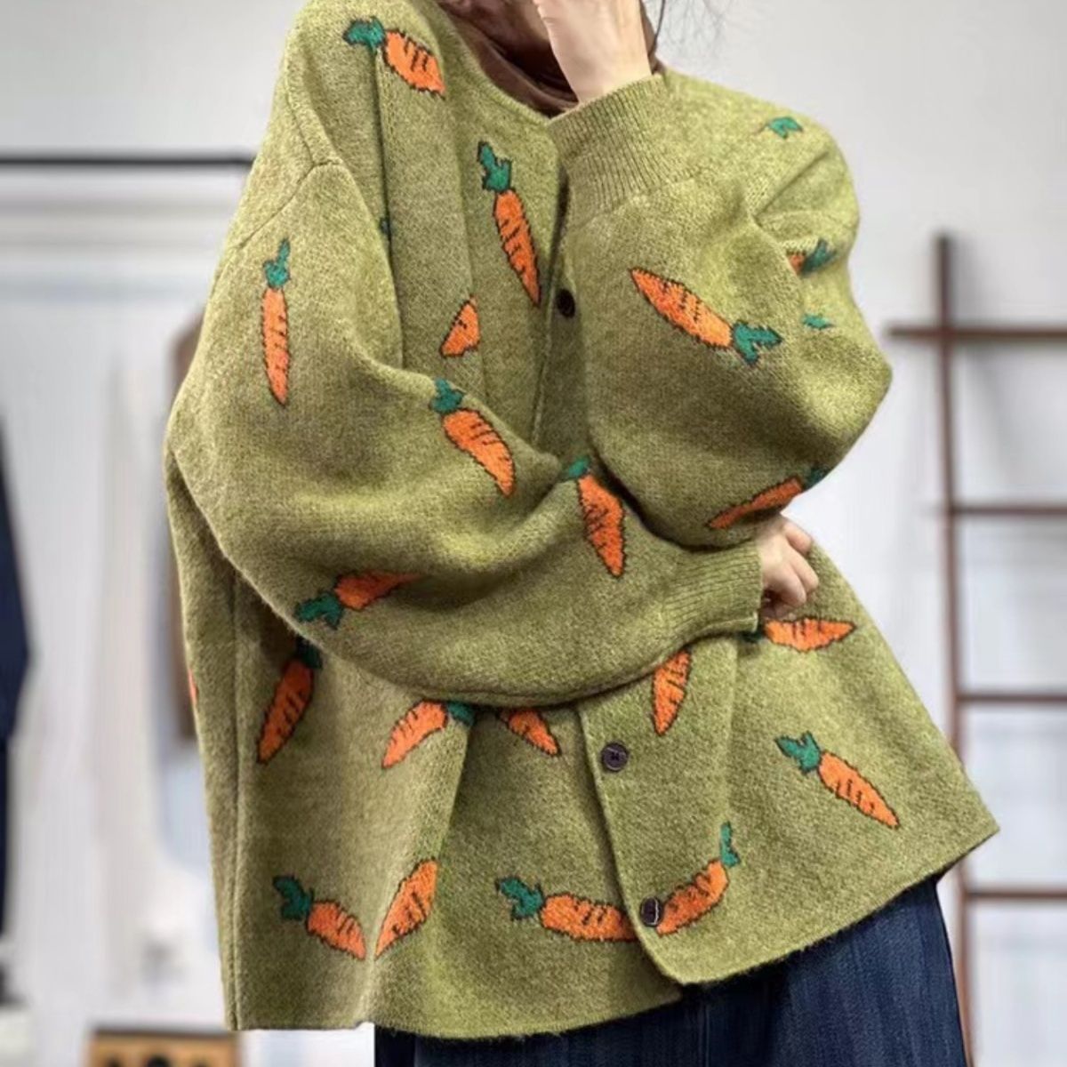 Round Neck Mori Artistic Printing Color Contrast Loose Casual Cardigan Sweater