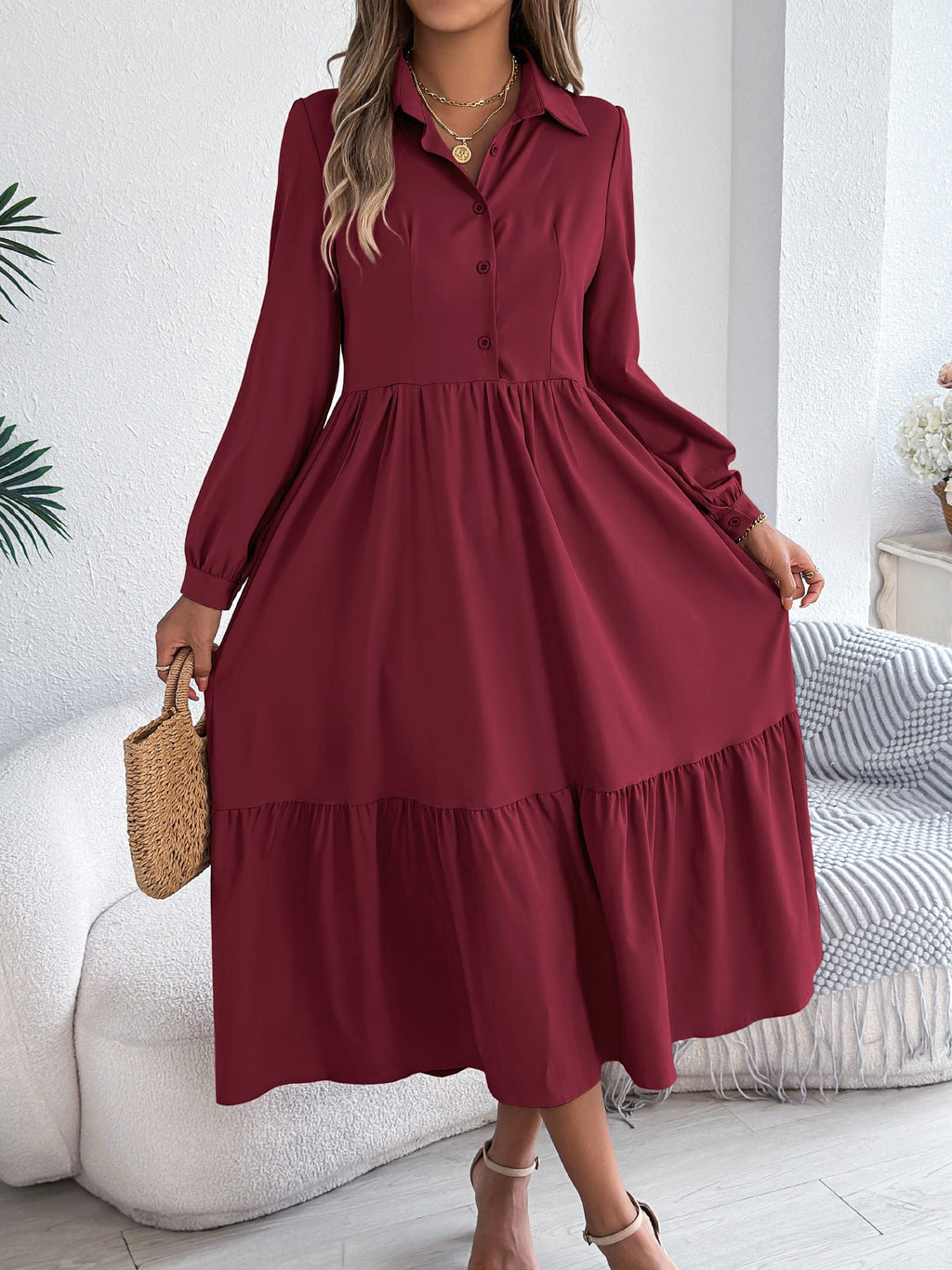 Women's Lapel Casual Loose Long Sleeve Ruffled Shirt Dresses Long Sleeved Turn-down Collar Single-Breasted Dress Spring Autumn Fashion Women's Clothing For Vacation