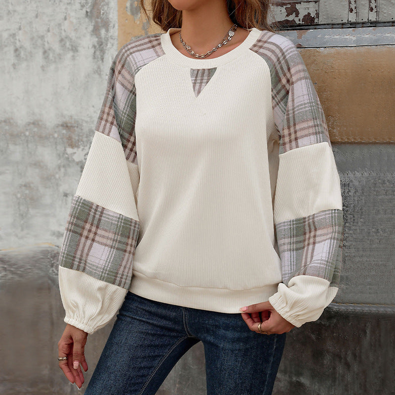 Loose Plaid Colorblock Round Neck Sweater