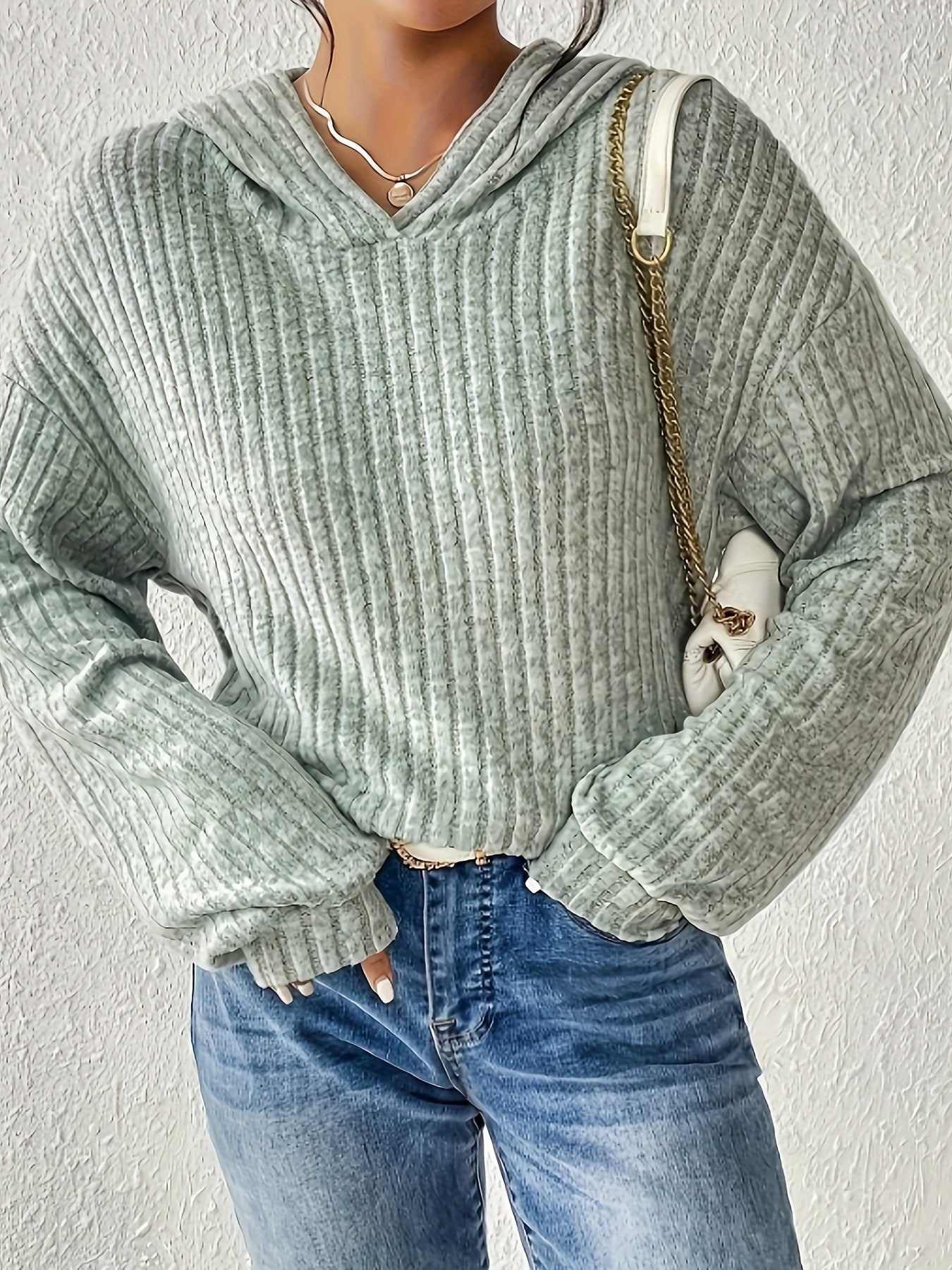 Loose-fitting Solid Color Long Sleeves Casual Sunken Stripe Hooded Sweater