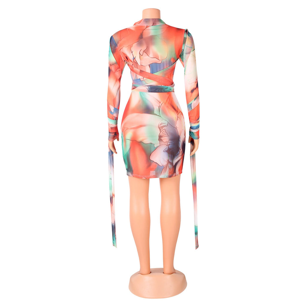 Sexy Women Mesh See-Through Printed Dress With Bandage