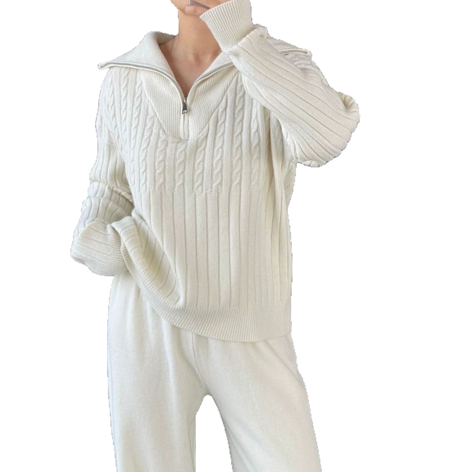 Turtleneck Zipper Lapel Pullover Long Sleeve Sweater Wide Leg Pants Two-piece Set