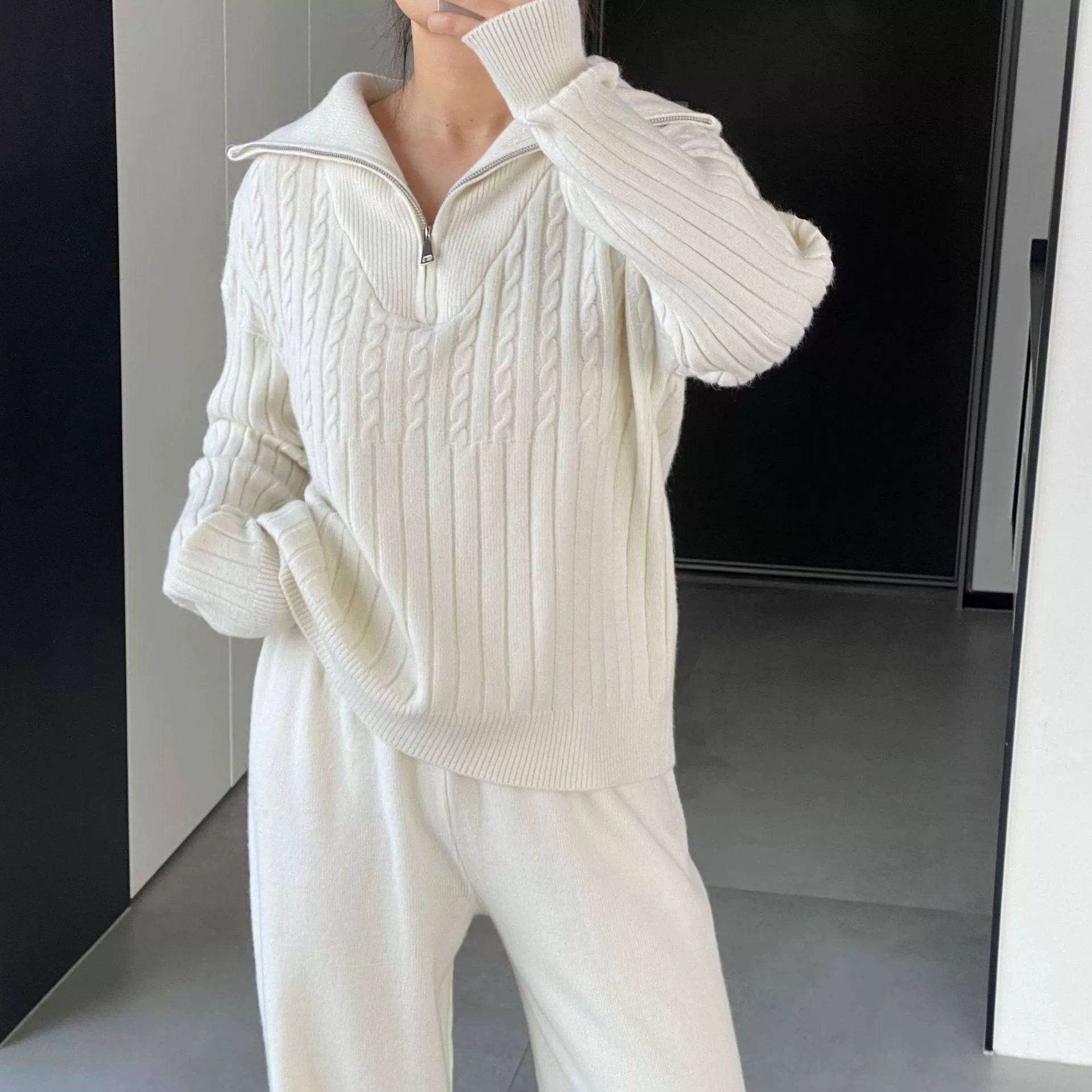 Turtleneck Zipper Lapel Pullover Long Sleeve Sweater Wide Leg Pants Two-piece Set