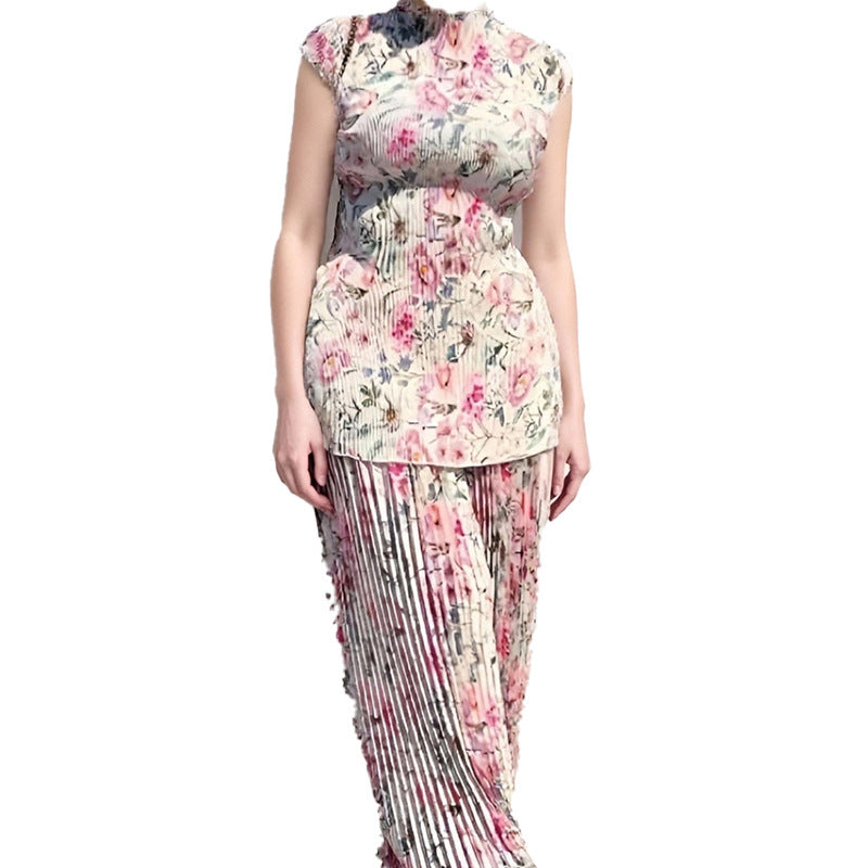 Long Sleeve Printed Chiffon Dress High Waist