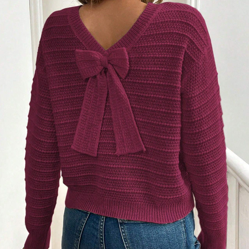 Round Neck Back Bow Design Gentle All-match Sweater