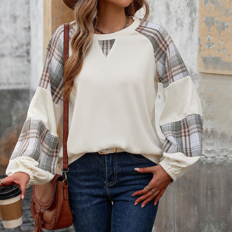 Loose Plaid Colorblock Round Neck Sweater