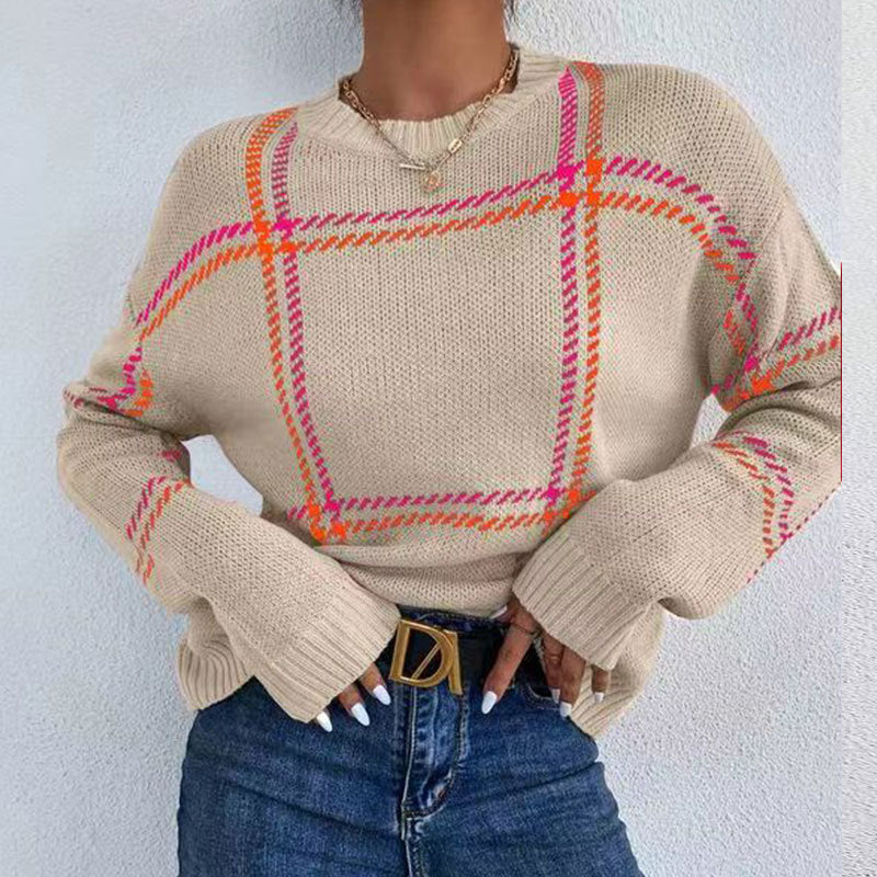 Women's Casual Plaid Color-block Crew Neck Sweater