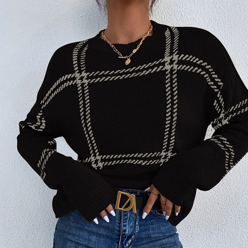 Women's Casual Plaid Color-block Crew Neck Sweater