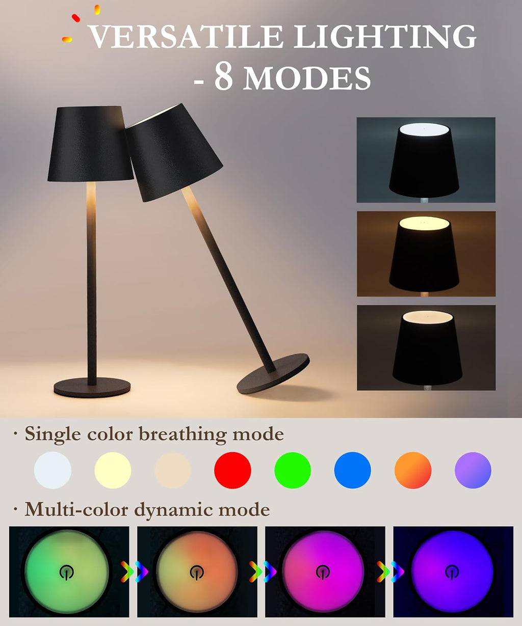 Cordless LED Table Lamp RGB Rechargeable Desk Light IP54 Touch Dimmable 2 Pack