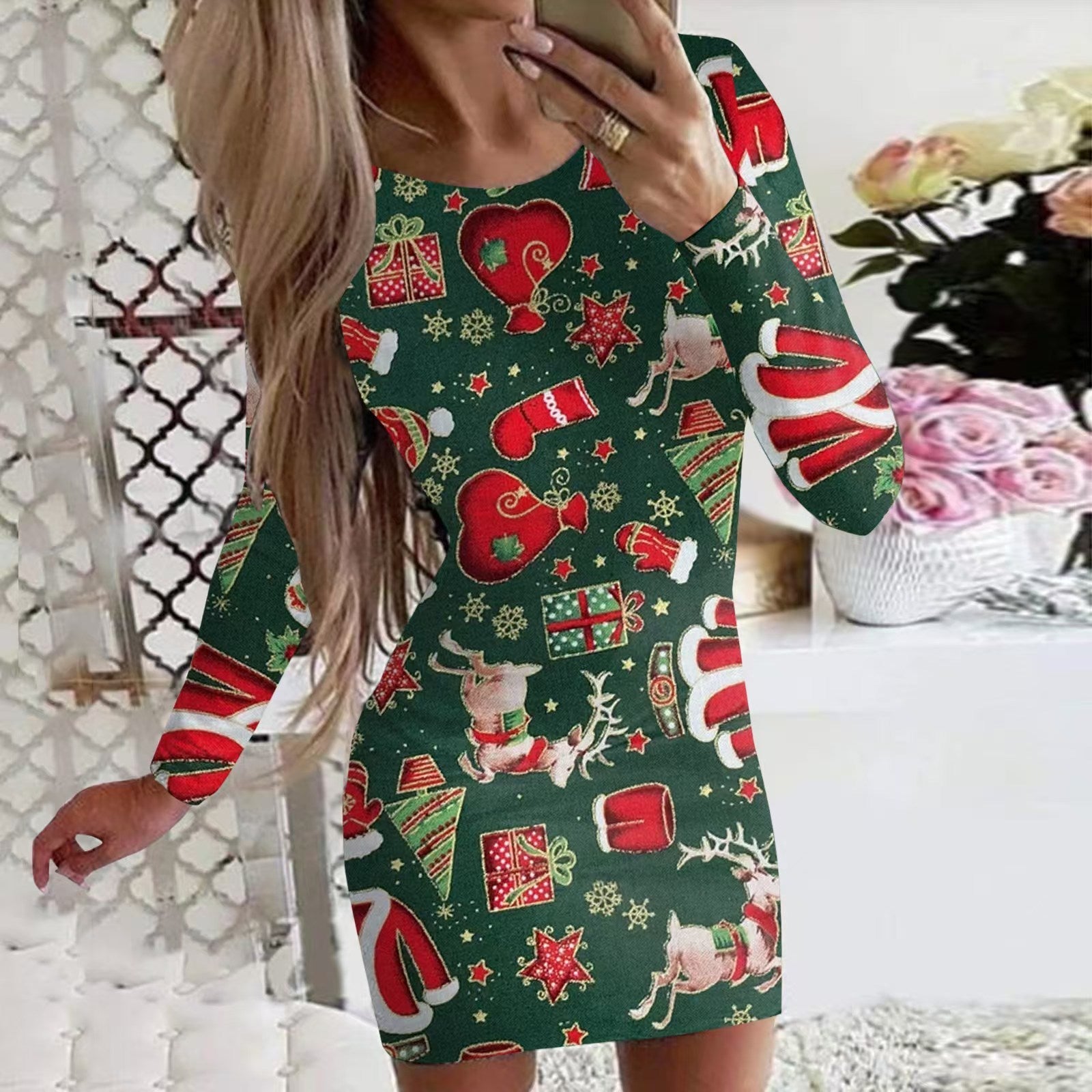New Christmas Printed Round Neck Long Sleeve Narrow Dress