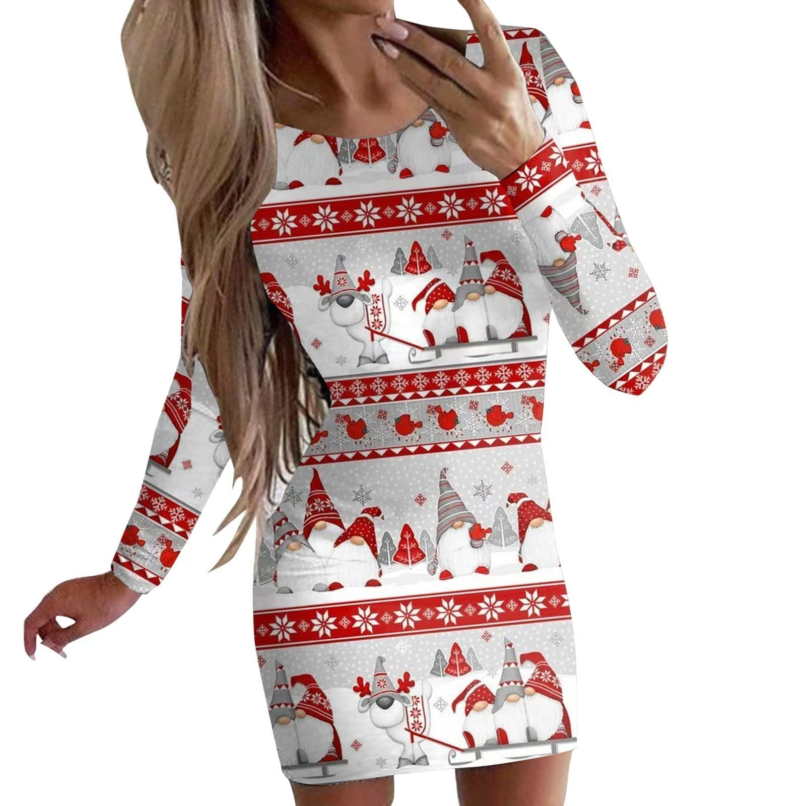 New Christmas Printed Round Neck Long Sleeve Narrow Dress