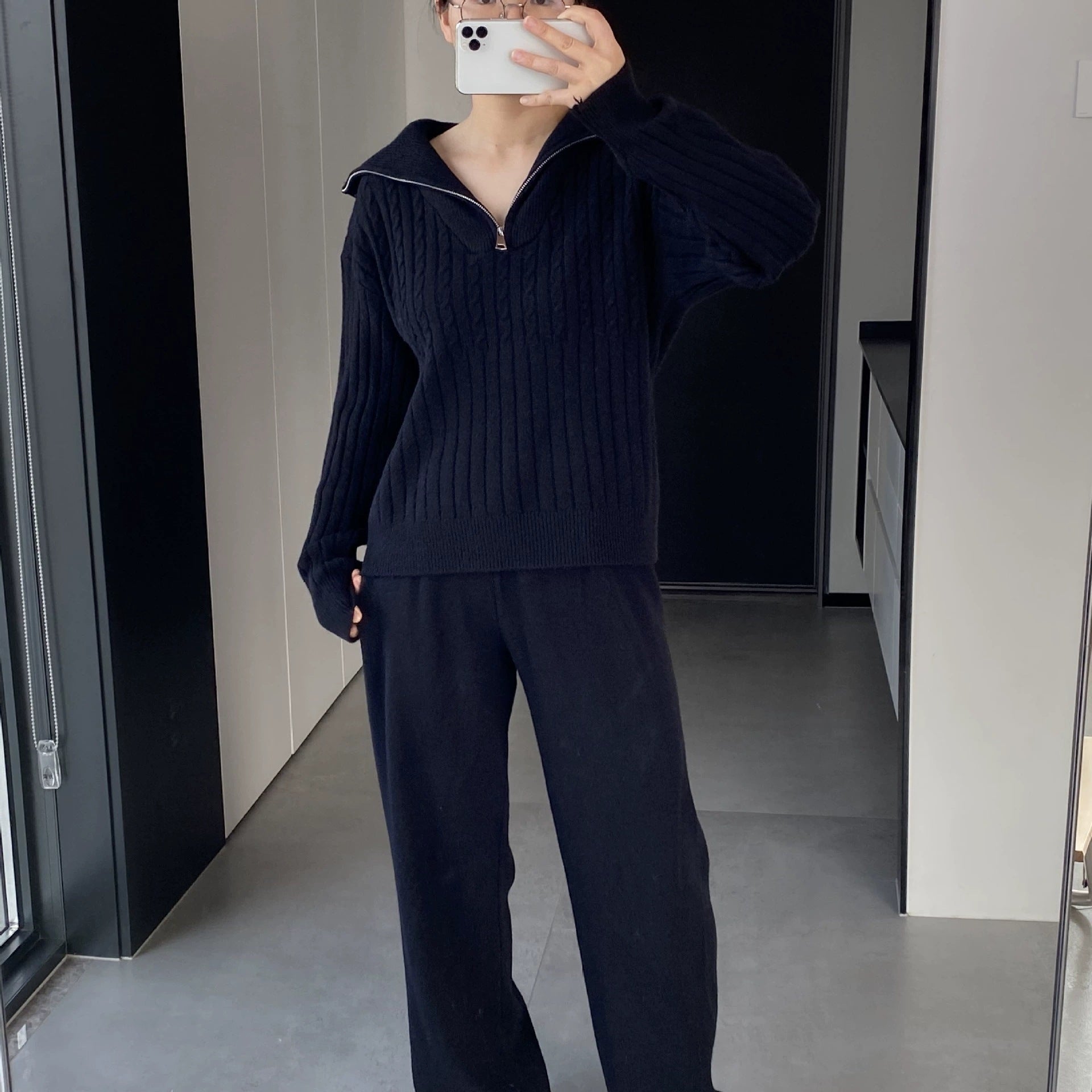 Turtleneck Zipper Lapel Pullover Long Sleeve Sweater Wide Leg Pants Two-piece Set