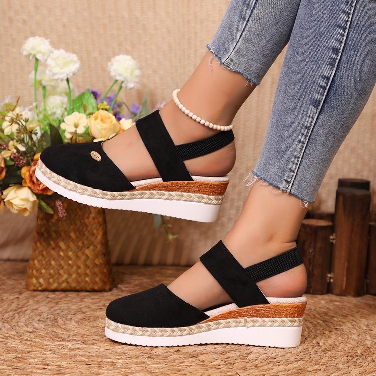 Hemp Rope Wedges Sandals Summer Lightweight Braided Closed Toe Elastic Band Shoes For Women