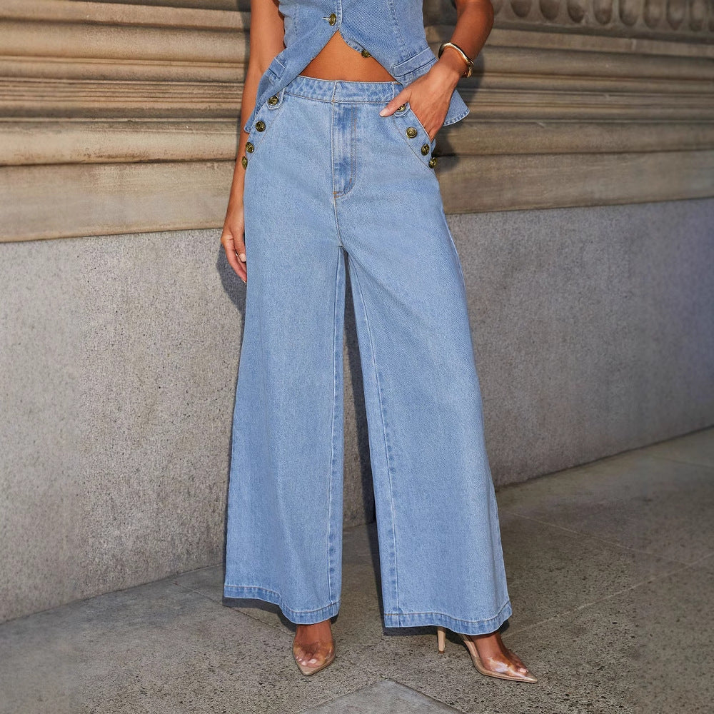 Denim Vest Suits Fashion Sleeveless Button Tops And Wide Leg Straight Pants With Pockets Women's Trousers Set