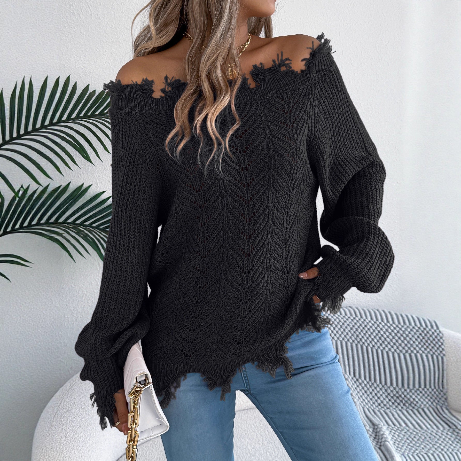 Hollow-out Long-sleeved Cut Off-the-shoulder Pullover Sweater