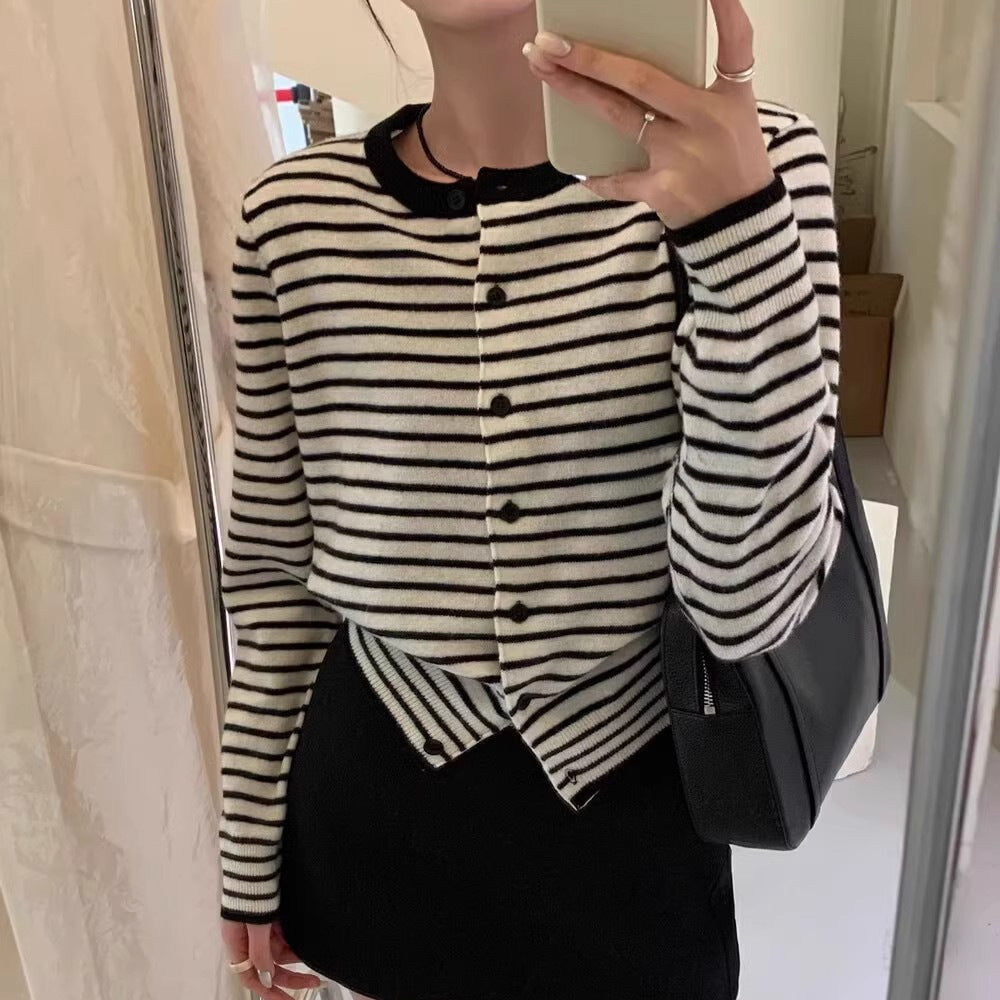 French Style Classic Style Striped Sweater Cardigan Coat For Women