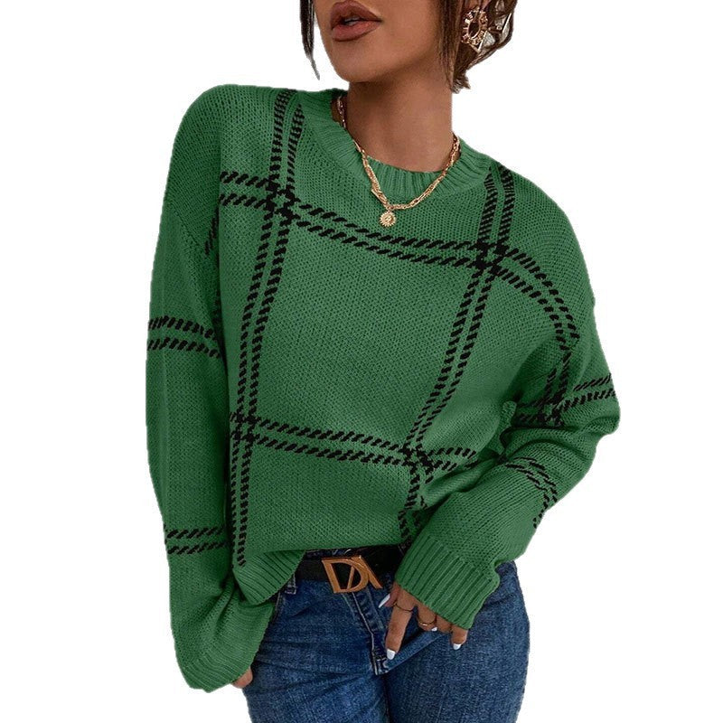 Women's Casual Plaid Color-block Crew Neck Sweater