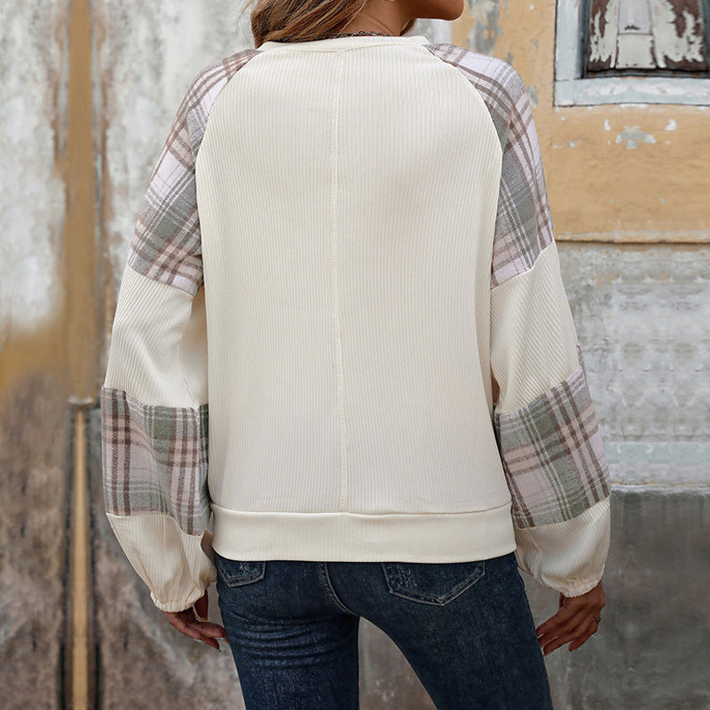 Loose Plaid Colorblock Round Neck Sweater