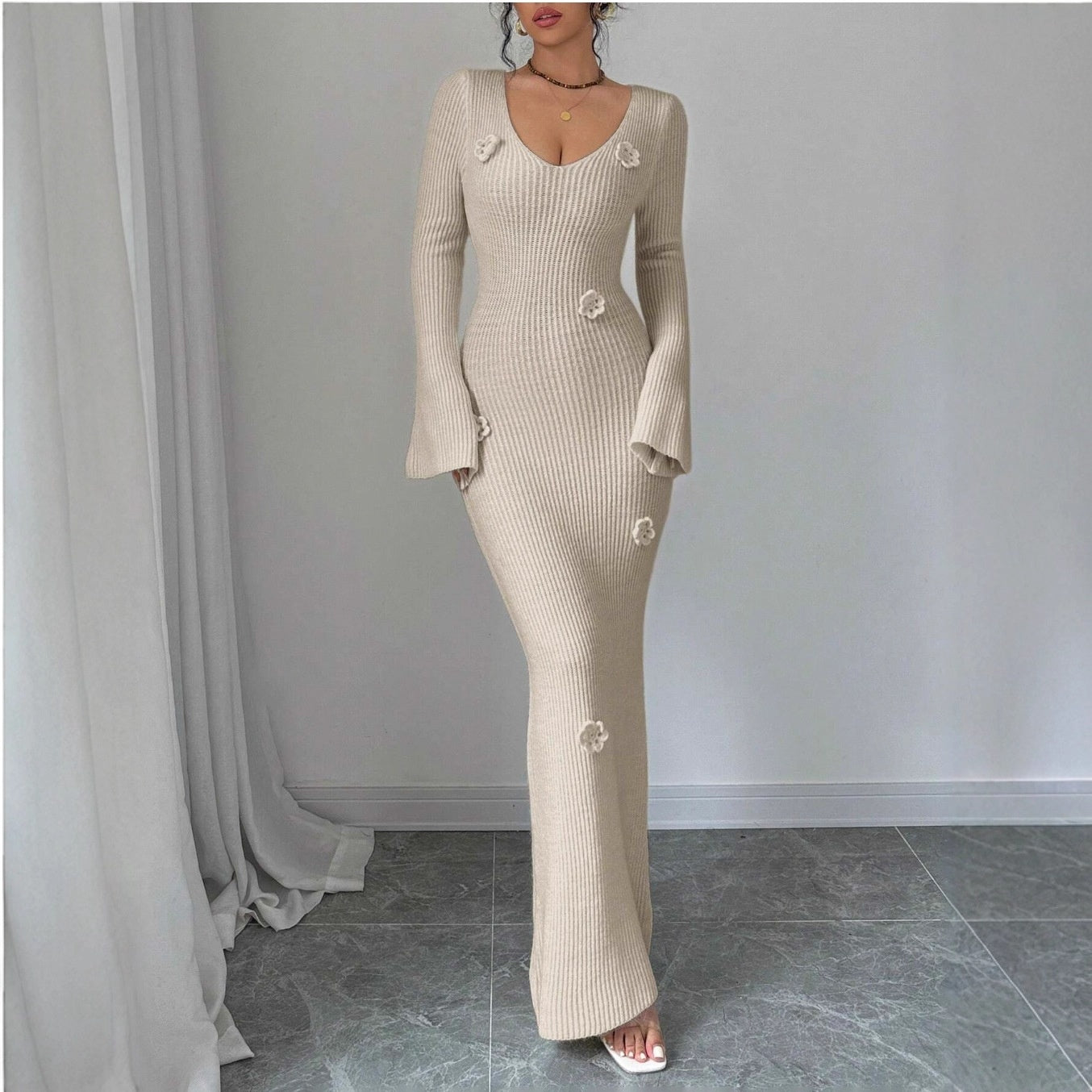 V-neck Waist Trimming Knitted Dress Women's Slimming Sheath